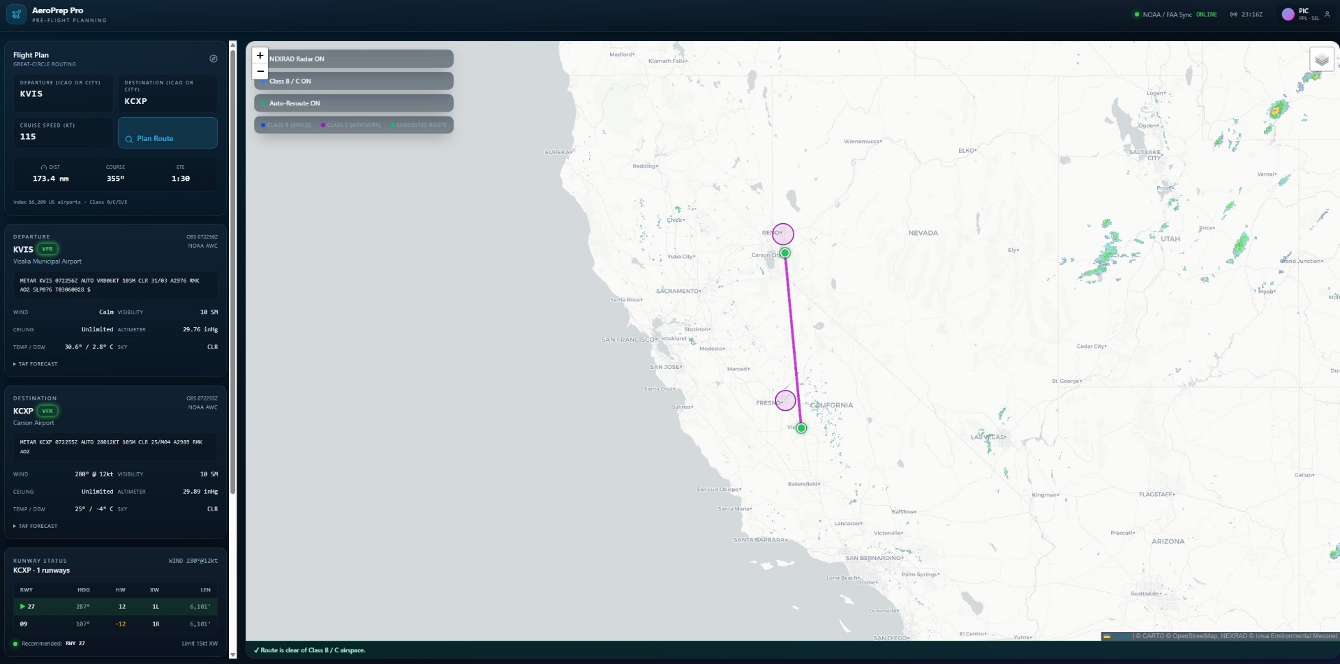 Route map with live NEXRAD, Class B/C overlays, and Auto-Reroute.